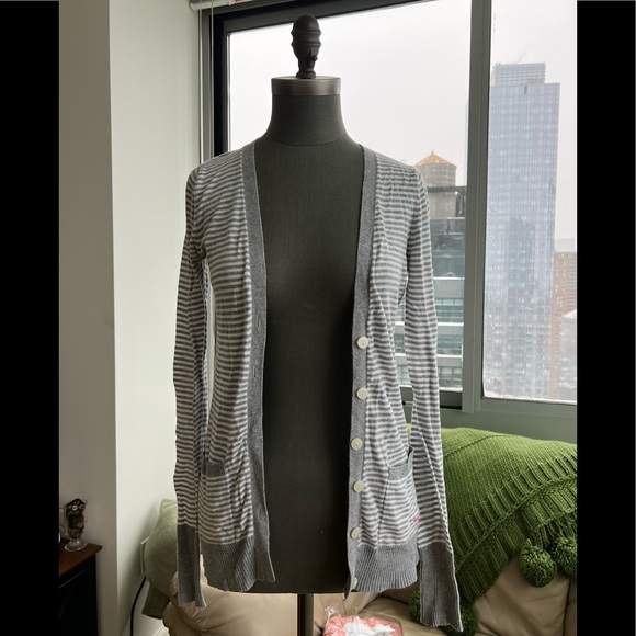PINK Y2K Gray and White Striped Boyfriend Cardigan EUC - Picture 1 of 5